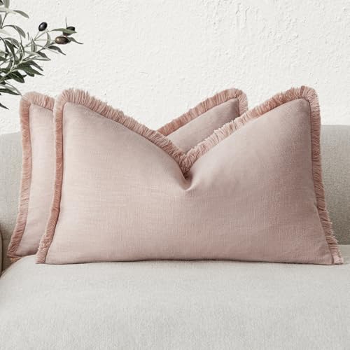 Image of Foindtower Set of 2 Decorative Linen Fringe Lumbar Throw Pillow Covers Boho Farmhouse Cushion Cover with Tassels Soft Accent Pillowcase for Couch Sofa Bed Living Room Home Decor,12x20 Inch,Light Pink