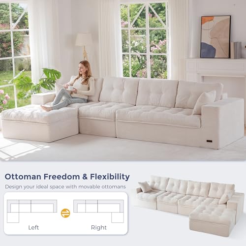 Image of MAXYOYO 132 inch L Shaped Modular Sectional Sofa with Ottoman, Cloud Boneless Couch with Layered Cushion, Upholstered Sofa in a Box, Flexible Module Combination for Living Room, No Assembly, Beige