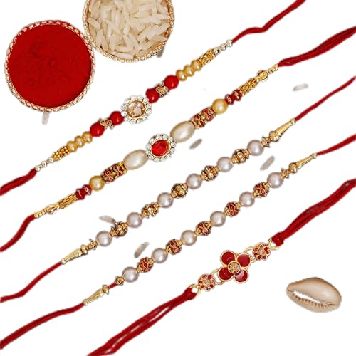Image of eCraftIndia Green Yellow Red Beautiful Flower Kundan Designer Rakhi for Brother | Raksha Bandhan Rakhi for Bhai Bhaiya