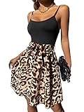 SheIn Damen Leopard Muster 2 in 1 Kleider Ohne Ärmel A Linie Sommerkleid Casual Spaghettiträger Freizeitkleid mit Gürtel Braun und Schwarz M