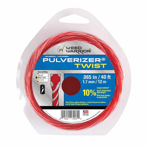 Weed Warrior Pulverizer Twist Universal Trimmer Line, 0.065' Diameter x 40', Red Core/Silver Tips