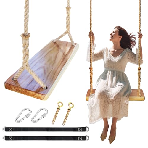 Wooden Swing,Seat 24"x 8"x 1.2,500lbs,Adjustable Hemp Rope & Exte...