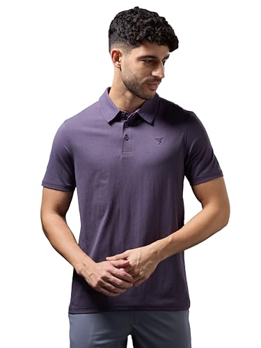 Image of TECHNOSPORT Men's Solid Slim Fit Polo Collar T-Shirt COTFLEX Half Sleeve Button Polyester for Gym Running Workout UPF50+ Anti Odour