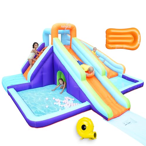 AirMyFun Inflatable Waterslide, Kids Bounce House with Blower, Extended Water Slip Waterslide, Bouncy House Water Park, Dual Slide, Water Spray, Splash Pool, A83023