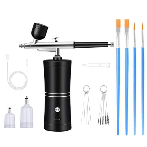 VOBOR Airbrush Set mit Kompressor, Tragbares Handheld Kabelloses Wiederaufladbares Airbrushpistole, für Nageldesign, Kuchendekoration, Make-up, Tattoo-Modellierung und Modellbemalung (Schwarz)