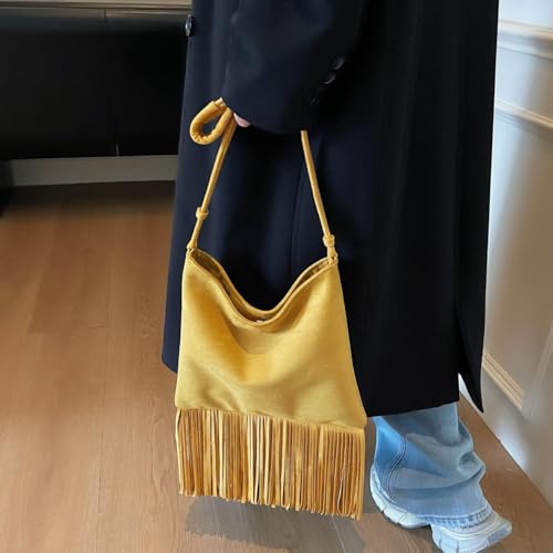 Tassels Suede Shoulder Bags for Women Retro Crossbody Bag Winter Slouchy Bucket Purses Handbag Fall2