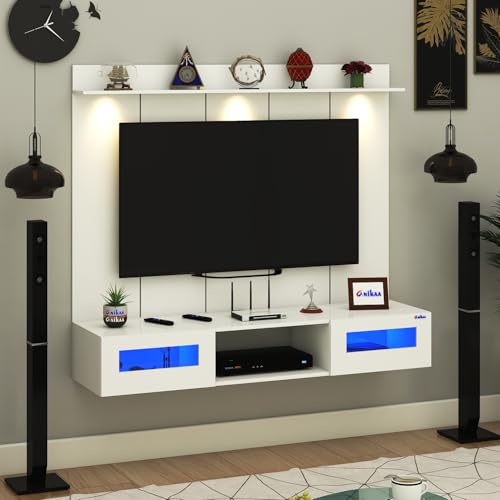 Image of Anikaa Orilo Wall Mounted PVC Back Panel TV Unit with Spot & Blue Ambient LED Light - Acrylic Storage Box, Display Shelf & Soft-Close Hinges | Ideal for UP to 50 Inch TV (White - DIY Installation)