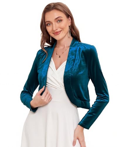 Image of Women's Long Sleeve Velvet Shrug for Dresses Cocktail Party Open Front Cropped Bolero Cardigan Top