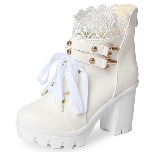 Image of MEOTINA Women Platform Boots Black Chunky Heel Ankle Booties Lace Buckle Combat Boots with Zipper High Heel Goth Shoes