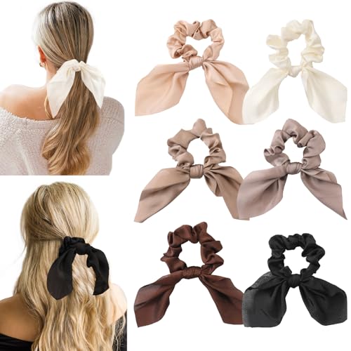 Glaudmeiss 6 PCS Small Scrunchie with Bow Brown Hair Ties with Bows