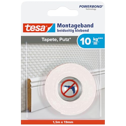 tesa Montageband Tapete&Putz, 10 kg Haltekraft pro Meter - starkes, doppelseitiges Montageklebeband zur Befestigung auf Gips und Tapeten - 1,5 m x 19 mm