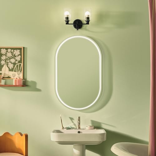 Image of Kichler Gioe 14.25 inch 2-Light Bathroom Vanity Light Fixture with Clear Fluted Glass in Black, Damp Rated for Powder Room Over Mirror (14.25 inch W x 10.5 inch H), 55225BKFLU