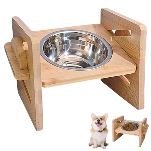 WIYETY 4 hauteurs Gamelle surélevée pour chien : Station de nourriture en bois avec gamelle en acier inoxydable, mangeoire pour chien, gamelle réglable pour grands, moyens et petits chiens