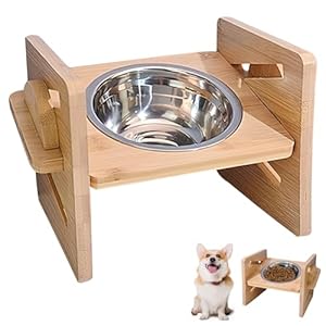 WIYETY Gamelle surélevée à 4 hauteurs : mangeoire en bois avec gamelle en acier inoxydable, mangeoire pour chien, gamelle réglable pour chiens de grande taille et moyenne