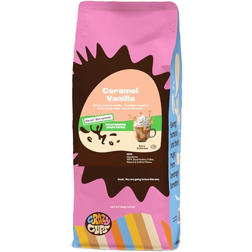 Crazy Cups Café molido con sabor descafeinado, vainilla de caramelo, en bolsa de 284 ml, para preparar café caliente o descafeinado aromatizado