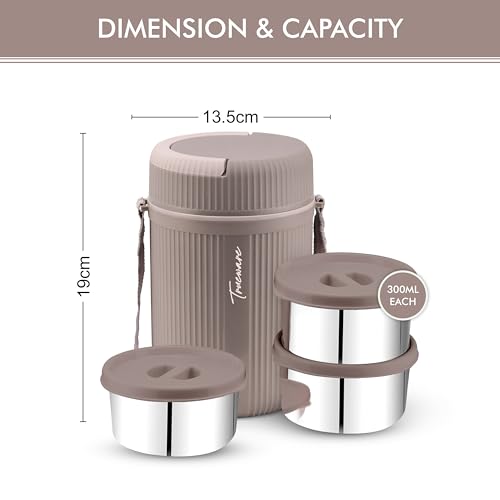 Image of Trueware Stainless Steel, Plastic GRUB 3 Double Wall Insulated Hot Lunch Box with 3 SS Container 300 ML Each | Bpa Free | Food Grade | Hot and Fresh (LBI-GRB-003-Peach BAZ)