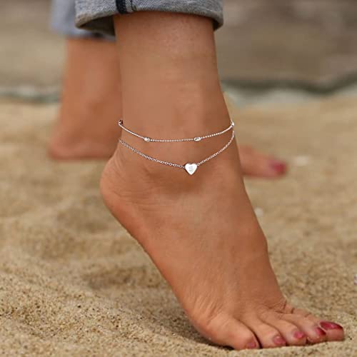 Moodear Silver Initail Ankle Bracelets For Women, Layered Dainty White Gold Tiny Heart Charm Handmade Alphabet A Letter Ankle Bracelet Foot Personalized Name Anklets Summer Cute Boho Beach Gift Women #TOP3