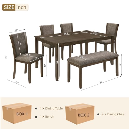 Image of KEIKI 6-Piece Standard Height Dining Table Set with Rectangular Table, 4 Upholstered Chair, Bench, for 6 Person, Modern Style Wooden Table Set, Easy Assembly, for Kitchen, Dining Room, Dark Walnut