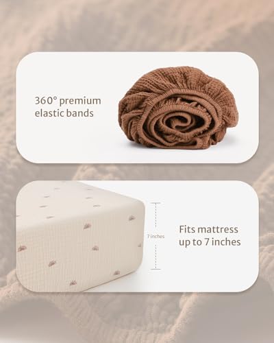 Image of Blissful Diary Muslin Crib Sheets, 2 Pack, Sunshine & Brown | fitted for 52''x28'' crib mattress, soft and breathable cotton, boho style, easy care for machine wash, gift for boy and girl