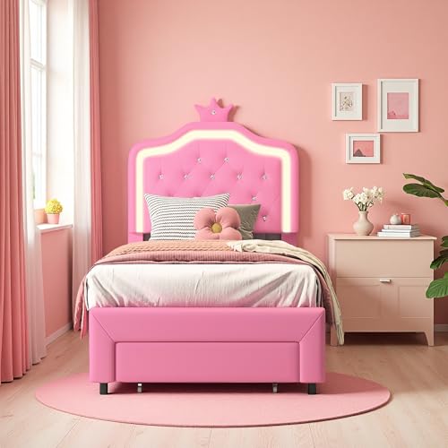 Letto imbottito 90 x 200 cm, letto per bambini con LED, letto da bambina con cassetti, letto da principessa a forma di...