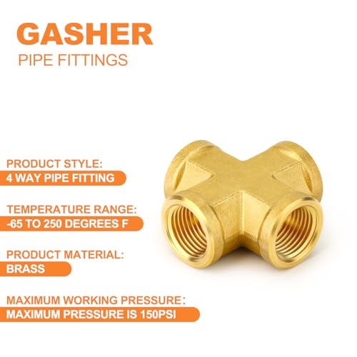 Image of GASHER 2PCS Brass Pipe Fitting, Cross 4 Way Pipe Fitting, 1 /8 inch NPT Female Pipe