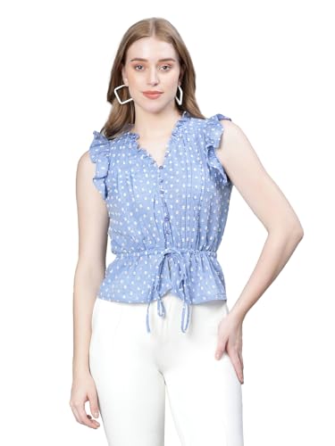 Image of oxolloxo Women Floral Print Ruffle Detailed Pleated Elasticated Tie-Up Short Sleeve Cotton Top