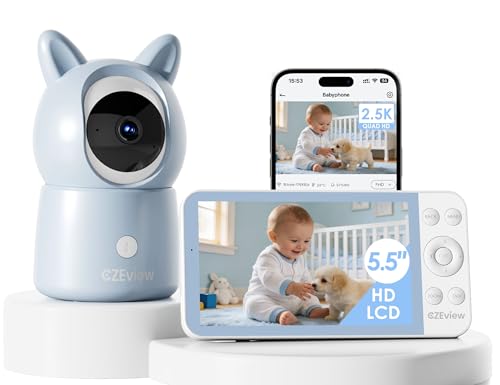 CZEview 5,5' 2.5K Baby Monitor Video e Audio, Luce Notturna & Musica, Telecamera Bambini, Controllo Tramite APP Mobile & Monitor (Blu)
