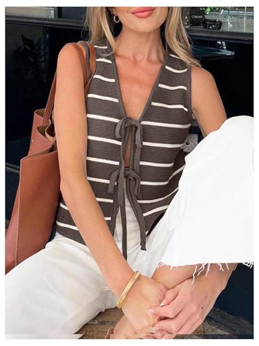 SOLY HUX Women's Sleeveless Striped Sweater Vest V Neck Tie Bow Crochet Knit Tank Tops Casual Loose Cardigan3