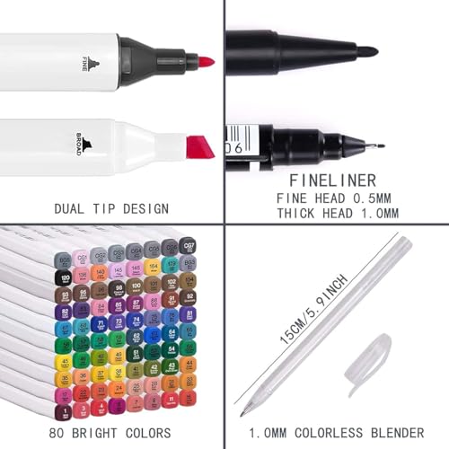 chfine Marcadores de 80 cores – Conjunto de marcadores permanentes de ponta dupla para adultos, arti
