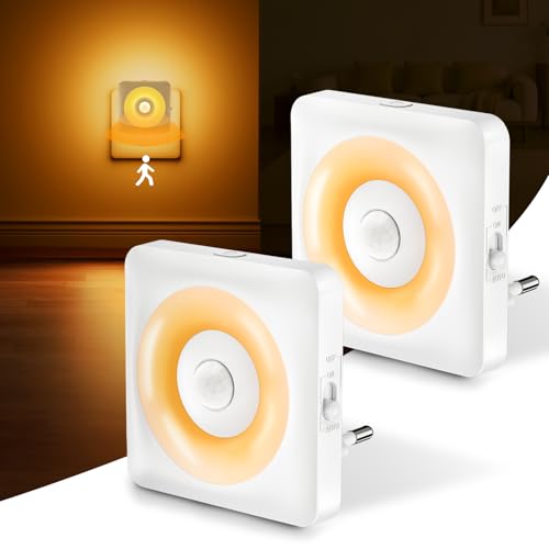 Nachtlicht Steckdose mit Bewegungssensor und Dämmerungssensor Dimmbar LED Nachtlicht Kinder, 2 Stück Steckdosenlicht mit EIN/AUTO/AUS Modi für Kinderzimmer/Flur/Schlafzimmer-[Bernsteinfarbenes Licht]