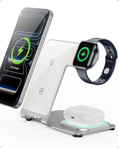 Intoval 3 in 1 Wireless Charger for iPhone 17/16/15/14/13/12 Wireless Charging Station for Apple Devices Aluminum Charging Stand for iWatch 11 10 9 Ultra 3/2 SE 3/2 for AirPods 4 3 2 Pro 3/2