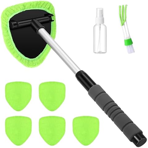 Baderke 8 Pcs Car Window Cleaner Kit Include Windshield Cleaning Tool with Extendable Handle 5 Microfiber Bonnets 1 Car Ventilation Brush 1 Empty 50ml Spray Bottle Glass Wiper Kit(Green) Cover