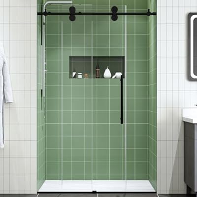 FELYL 44-48" W x 76" H Frameless Shower Door Frameless Single Sliding Shower Door in Matte Black with 3/8" (10mm) Clear Tempered Glass with Protective Coating Treatment