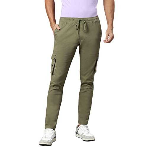 Image of Hubberholme Men's Regular Fit Cotton Trousers, Ankle Length Button & Drawstring Waist Cargo Chinos