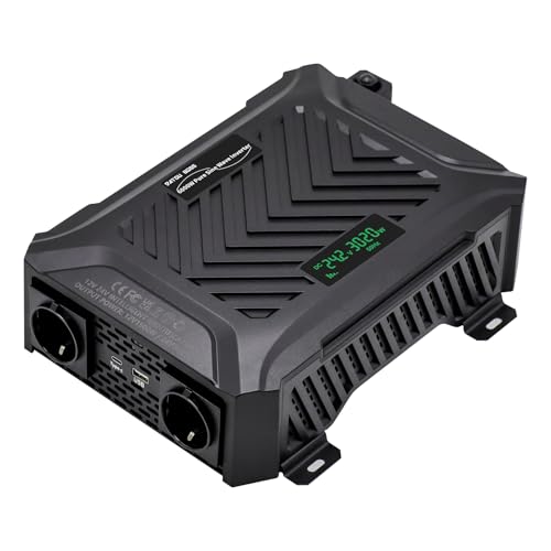 DATOUBOSS Inversor de Corriente Onda Sinusoidal Pura 6000W (Pico) para Soldador y Camión, 12V/24V Auto a 220V 230V, 2 Tomas EU Schuko, Especial para Autocaravana, Placa Solar, LCD