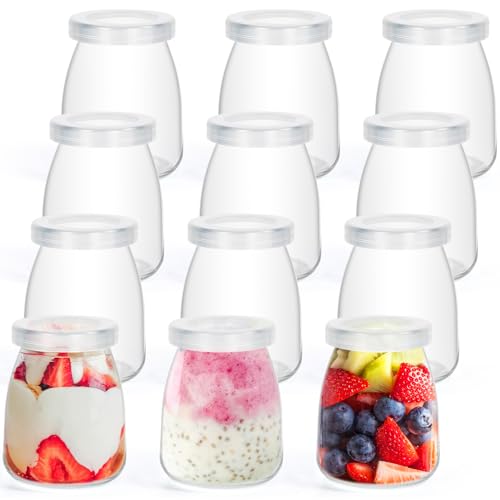 Ezvsevuo 12 Piezas Tarros de Yogur con Tapa, 140ml Vasos Yogurtera con Tapa, Tarros de Cristal para Yogurt, Frascos de Vidrio Pequeños Botes de Cristal para Pudín, Leche, Postre, Mermelada, Jalea