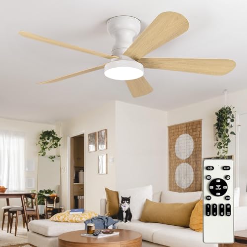 Image of Depuley Small Ceiling Fan with Lights: 42-Inch Flush Mount Fan with Light and Remote - Low Profile Ceiling Fans Reversible Quiet DC Motor for Bedroom Living Room Indoor Outdoor, Wood Color