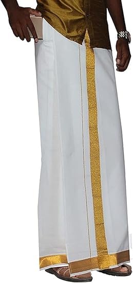 Kolakeer® Men's Easy-To-Wear Welcro 100K Zari Border Cotton Dhoti with Pocket - Double Layer Dhoti with Adjustable Waist Size3
