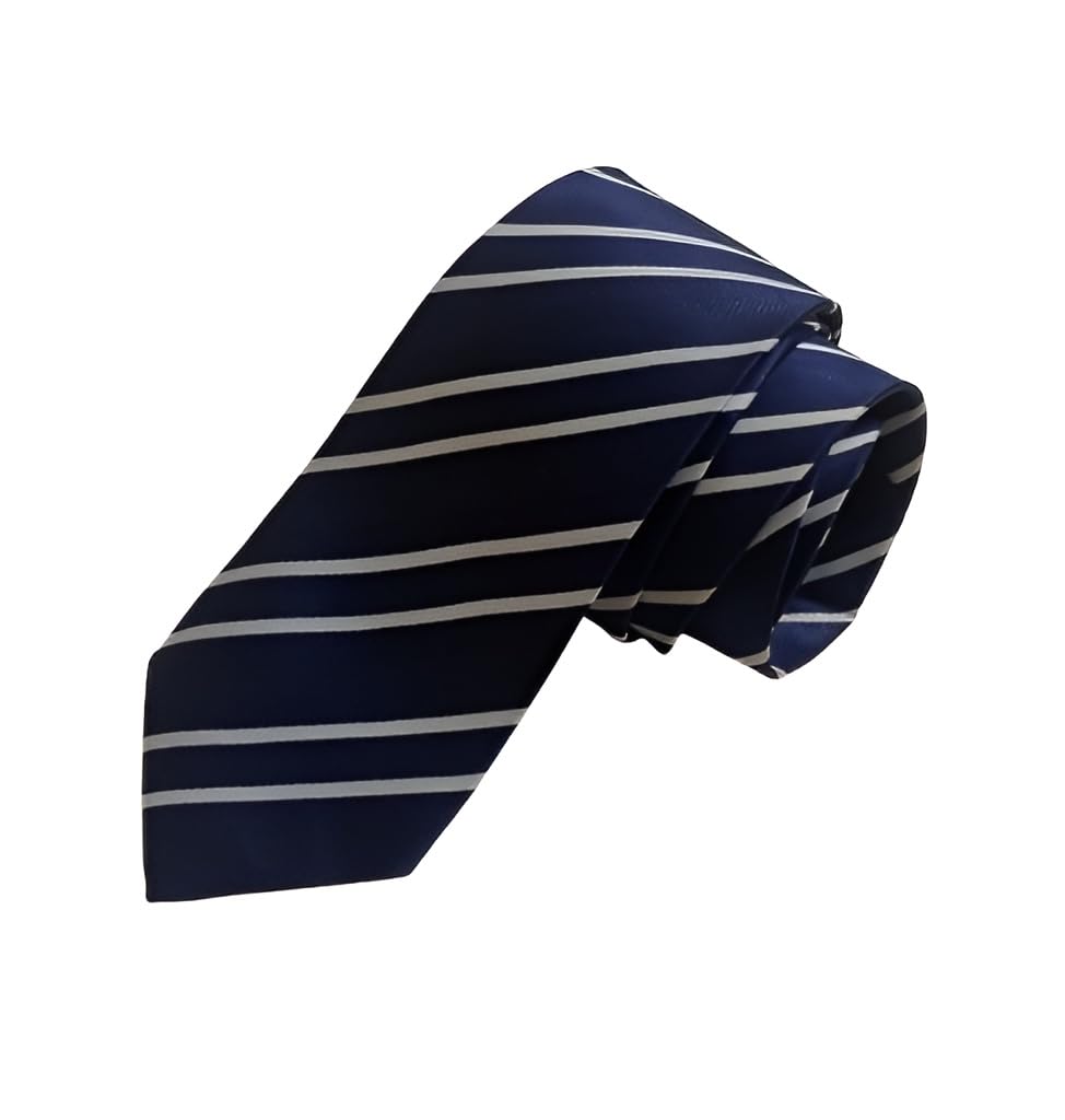 Classic Striped Microfibre Necktie, Navy Blue with Diagonal Stripes, Formal Business Wear-image-7