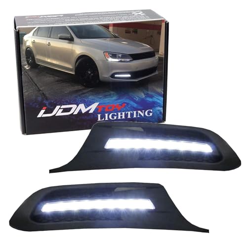 iJDMTOY Xenon White LED Daytime Running Lights Compatible With Volkswagen: 2011-2014 MK6 Jetta, OEM Fit DRL Bezel Assembly Powered by (9) High Power LED Lights Each Lamp