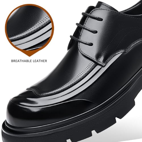 Men's Genuine Leather Platform Chunky Heel Oxfords Fashion Round Toe Slip On Lug Sole Business Dress Lace-Up Penny Loafers for Party Wedding Prom Work Shoes3