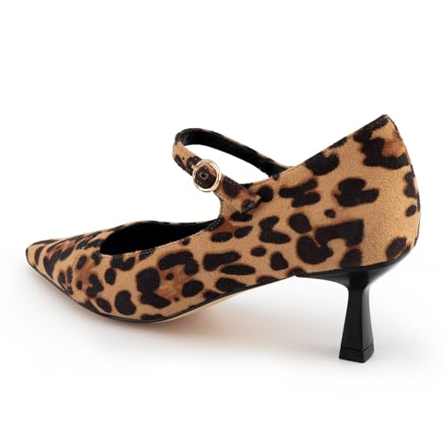 JORISTIMO Pointed Toe Pump Kitten Heel Pumps for Women Comfort Leopard Print Low Heel Pumps with Strap Dressy Wide Width Heels3