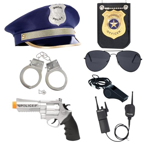 ZUCOS Costume de police pour enfant et adulte - Menottes de policier - Lunettes de soleil - Insigne - Garçon et fille - Carnaval - Detective - Costume d'Halloween (B, M)