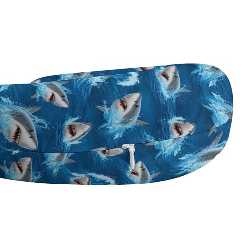 Image of Travel Neck Pillow Memory Foam Chin Cushion Ocean Sea Shark, Washable Cover for Men Women Youth Airplane Car Pain Relief