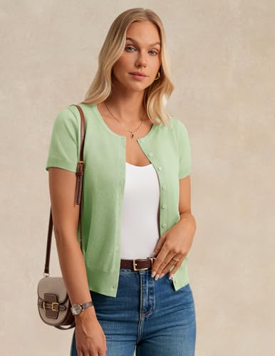 Image of GRACE KARIN Women Short Sleeve Cardigan, 2026 Summer Knitted Sweater Tops, Basic Crew Neck Crop Outfits