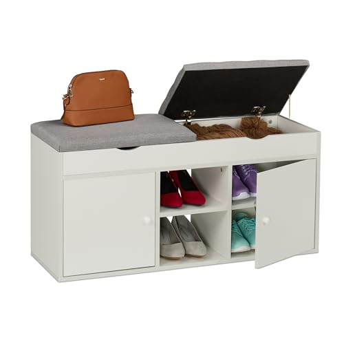Relaxdays Panca Porta Scarpe da Ingresso, Scarpiera Seduta Imbottita, Portascarpe, HLP: 49,5x100x34 cm, Bianco Grigio