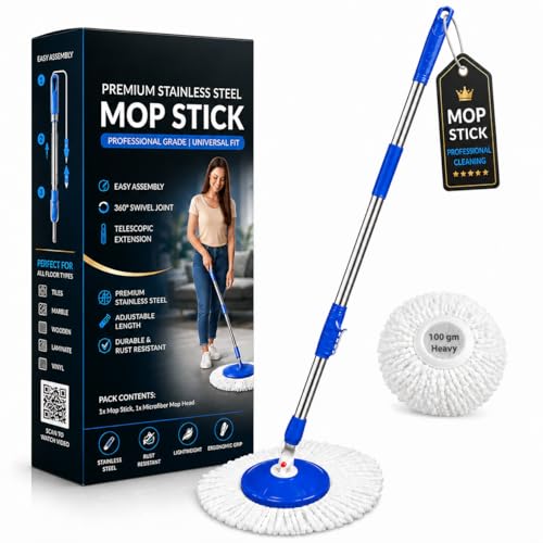 Image of Ultra Premium 360 Spin Mop Stick Rod with Stainless Steel Handle | Adjustable & Extendable Heavy Duty Mop Handle | Floor Cleaning Refill Rod Compatible with Spin Mop (Blue) (1 Refill)