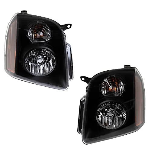 Image of TRQ 2 Piece Headlight Assembly Set Performance Black Bezel Driver & Passenger Side Compatible with GMC Yukon Yukon XL 1500 2007-2014 Yukon XL 2500 2007-2013 GM2502265 GM2503265