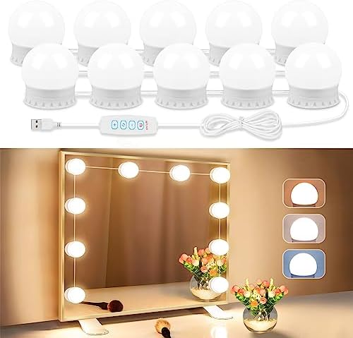 LED Vanity Lights for Mirror, Vanity Lights Stick on with 10 Dimmable Bulbs, 3000K 4000K 6500K & 10 Level Brightness Adjustable, USB Cable, Hollywood Mirror Lights for Makeup Dressing Room Bathroom