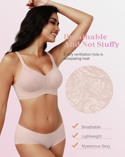 Image of As Fairy Lace Womens Bras Wirefree Full Coverage Support Comfort Wireless Push Up Bra Seamless Everyday T-Shirt Bralette Pink 32A